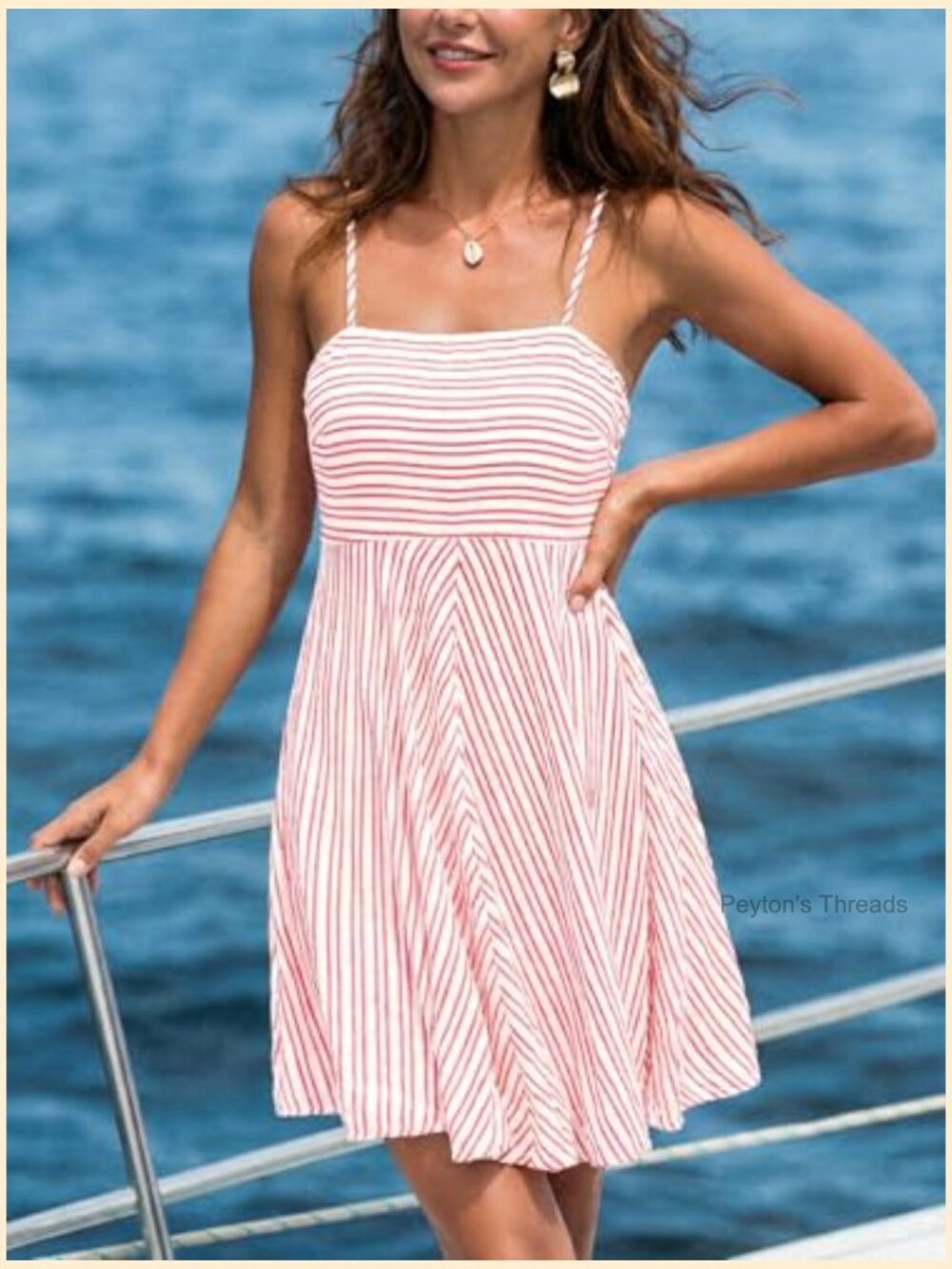 Smocked Square Neck Striped Mini Dress with Pockets - Picture 4 of 7